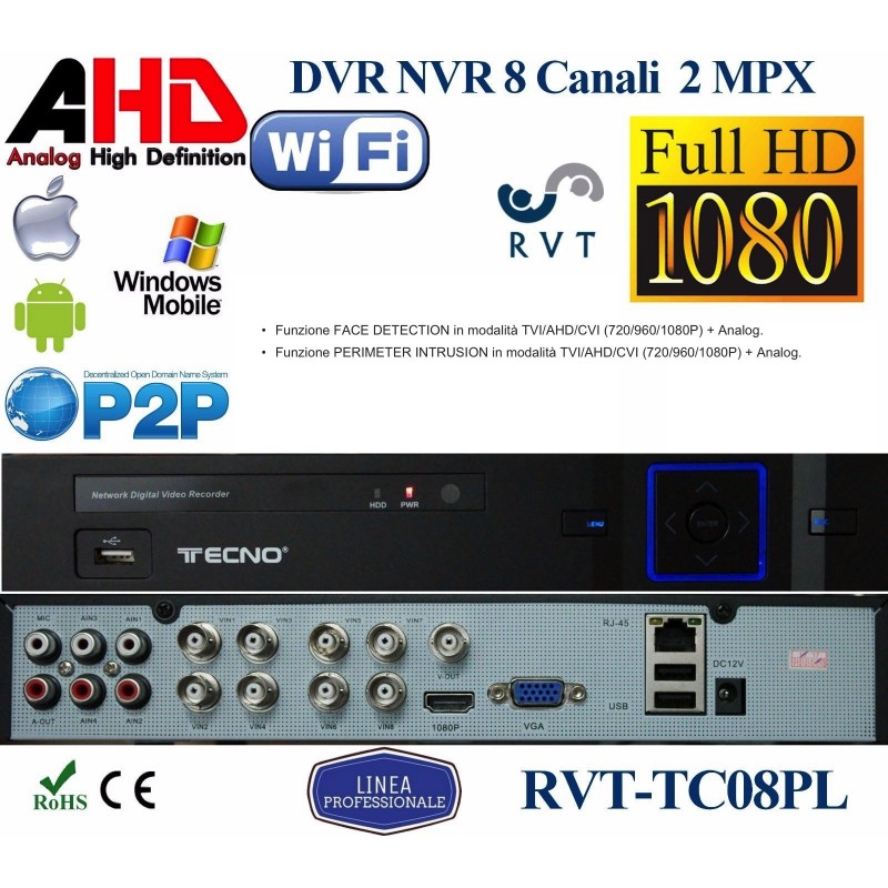 DVR 8 CANALI 5in1 AHD CVI TVI CVBS IP FULL HD 1080P P2P CLOUD HDMI