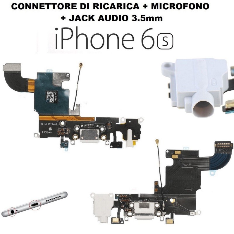 Flat connettore ricarica Apple iPhone 6S completo di microfono antenna jack audio Bianco