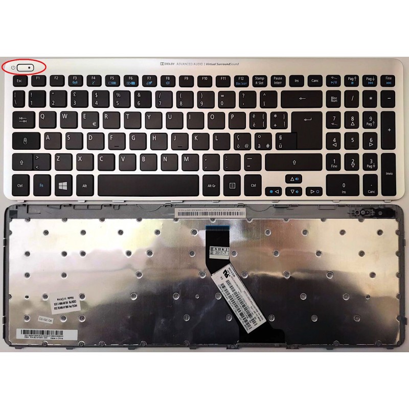 Tastiera italiana compatibile con Acer Aspire V5-531 V5-571 con Frame Silver