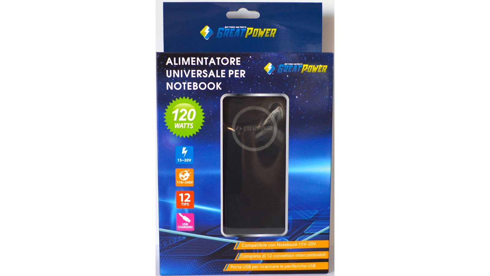 Alimentatore Universale per Notebook 120W Autosettante digitale 12 connettori con porta USB 5V 2.1A