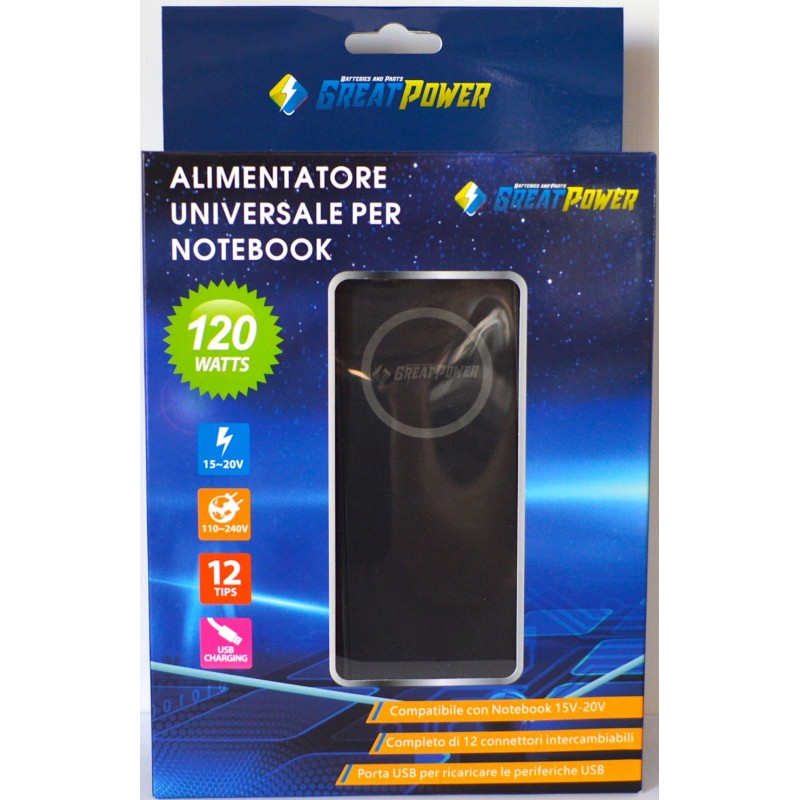 Alimentatore Universale per Notebook 120W Autosettante digitale 12 connettori con porta USB 5V 2.1A